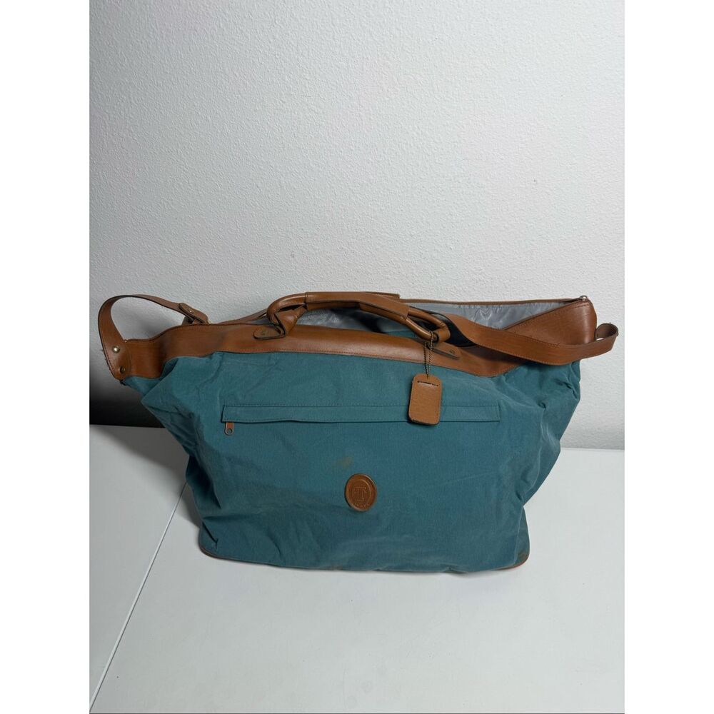 Vintage Travel Duffle Traveler Green Brown Weekend Faux Leather Trim See Notes